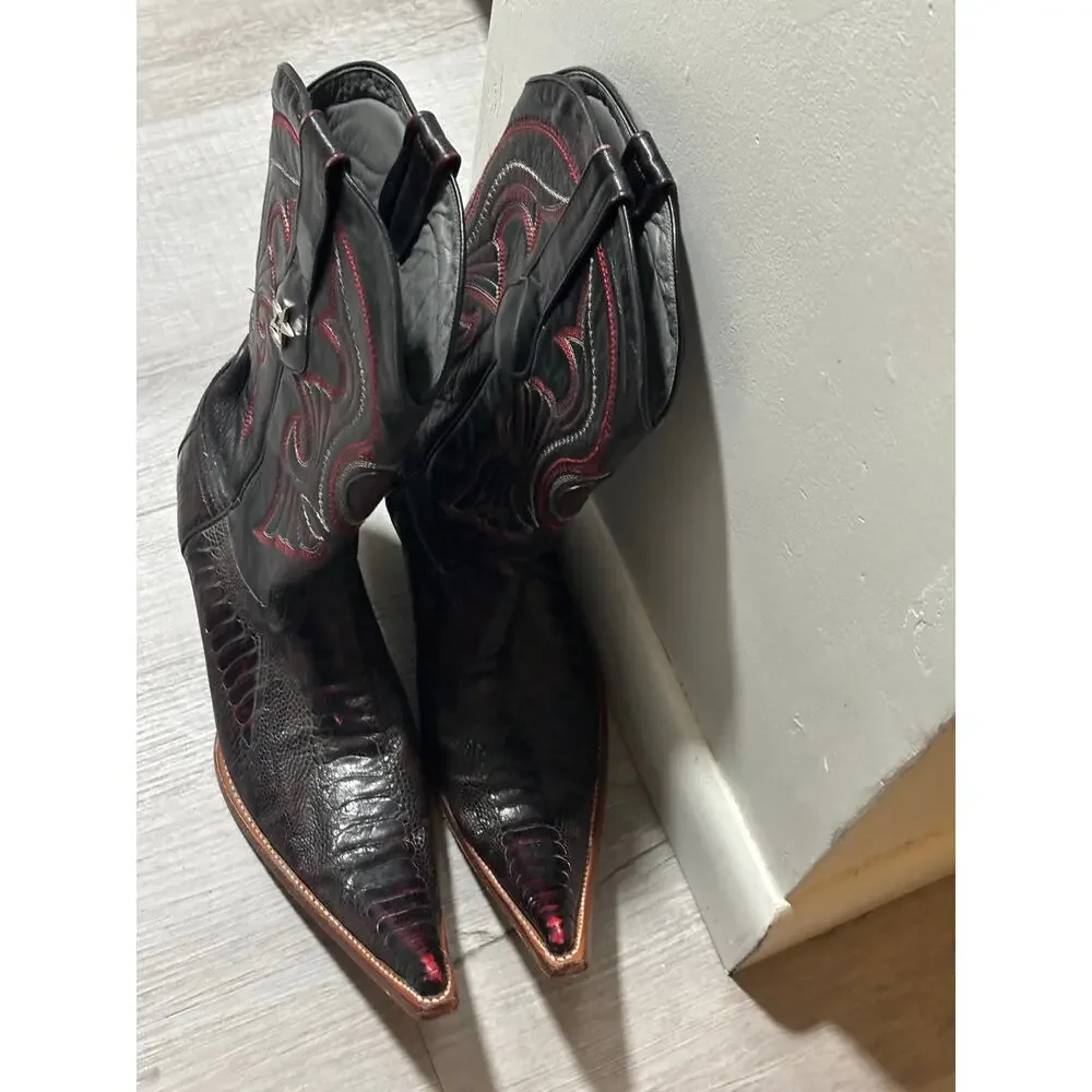 Los Altos Genuine Ostrich Leg Cowboy Boots Black Cherry Men’s 9 EE Snip Toe